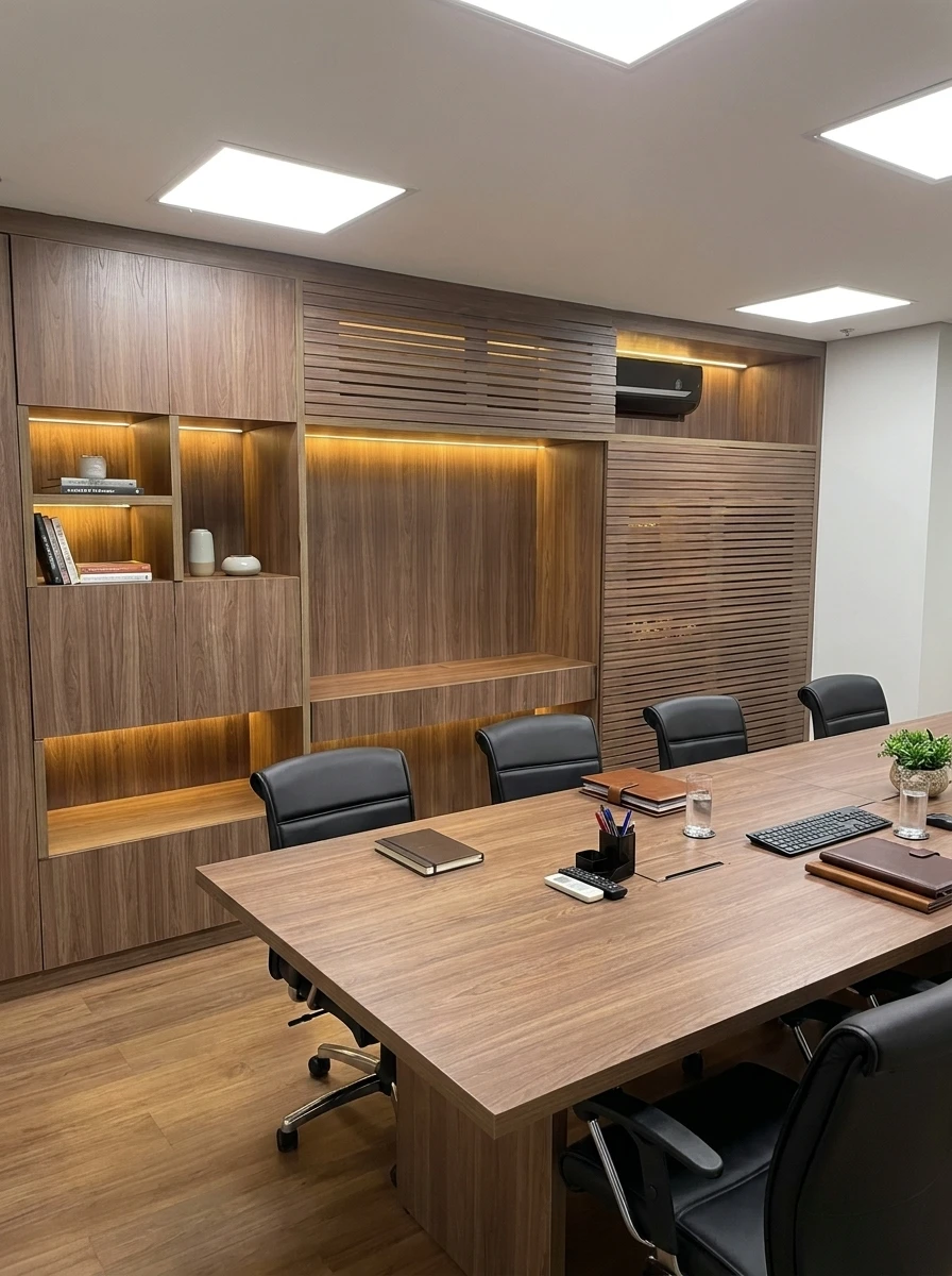 Sala de reunião com painéis de marcenaria em madeira, nichos iluminados e ripado